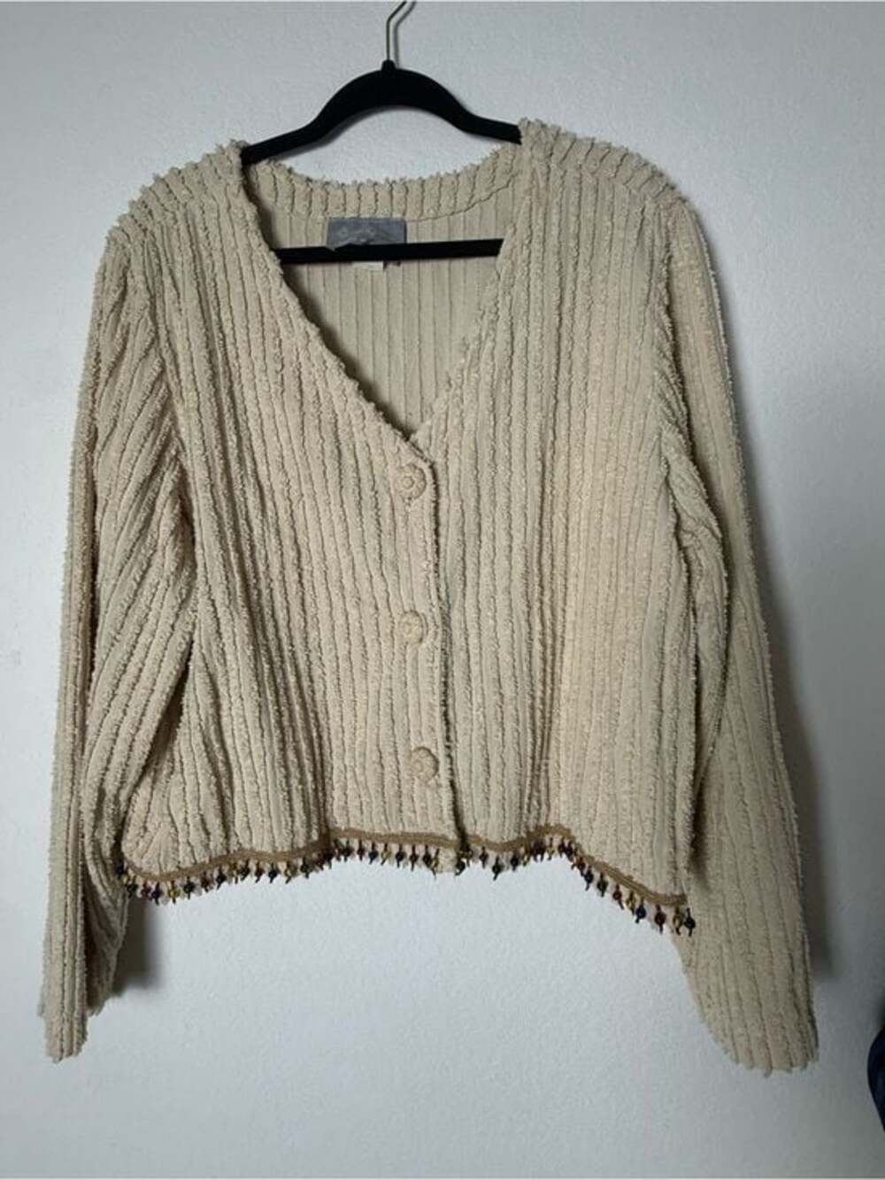 Vintage Cover Charge Cream Button Down Cardigan w/ Beaded Hem XL 100% Cotton - Picture 2 of 7